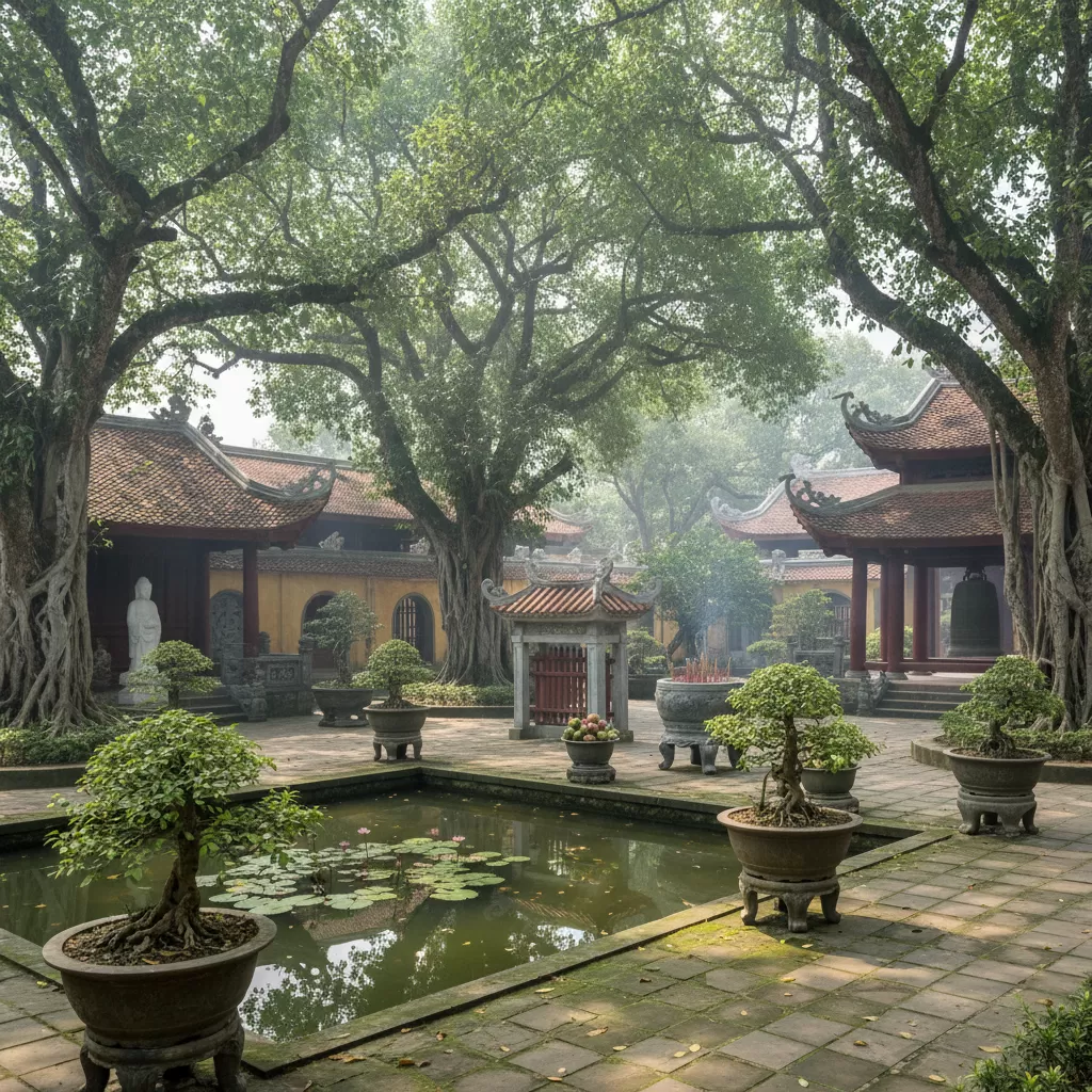 Không gian xanh mát và yên bình bên trong khuôn viên Chùa Nền