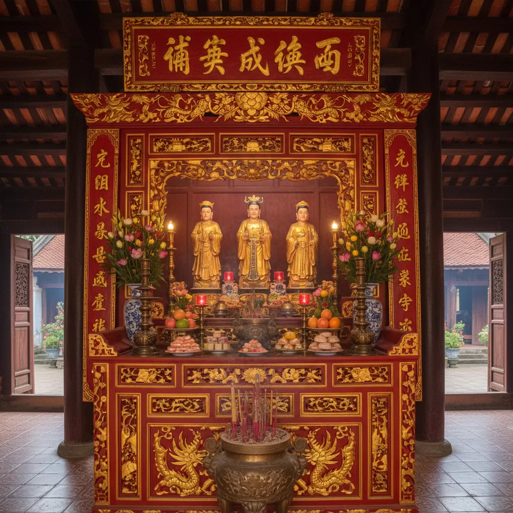 gemini_image_1773163706 Không gian thờ tự trang nghiêm với các bức đại tự và cửa võng sơn son thếp vàng