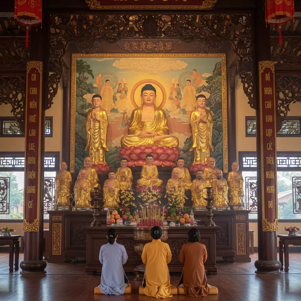 Hệ thống tượng Phật được bài trí trang nghiêm bên trong chánh điện