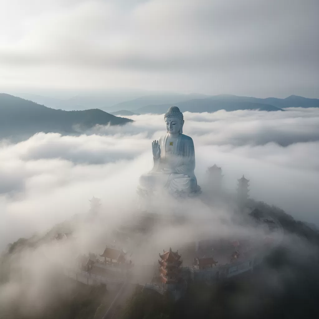 Tượng Phật Thích Ca uy nghi giữa làn mây mờ tại Chùa Linh Ứng Bà Nà Hills