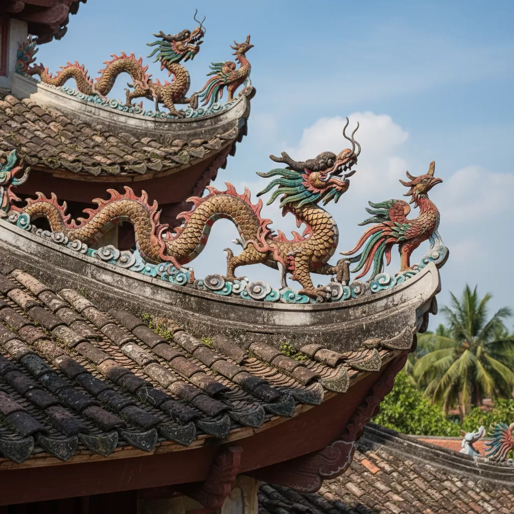 Các họa tiết chạm khắc tinh xảo trên mái và xà gồ tại Đình Đền Trung Tả