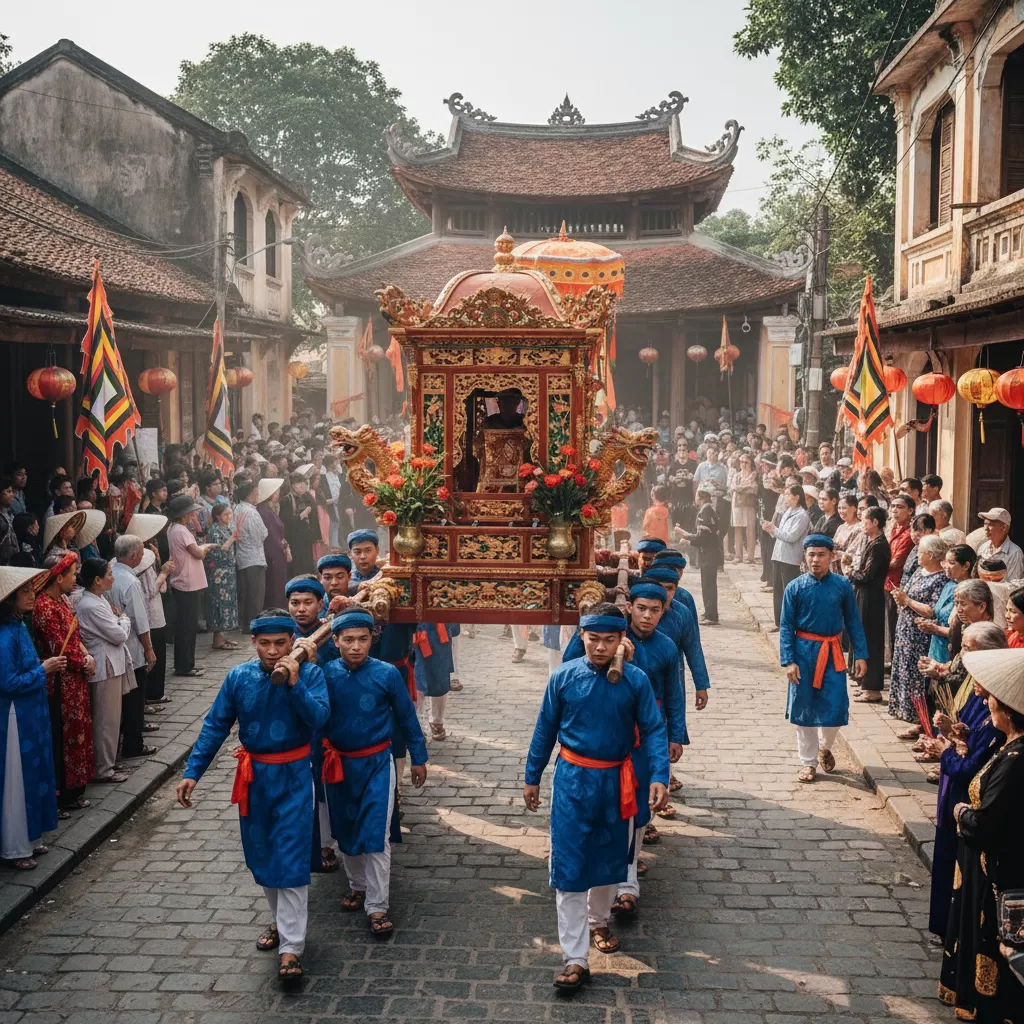 Nghi thức rước kiệu trang trọng trong ngày lễ hội tại Đình Thịnh Hào