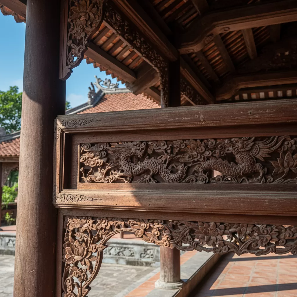 Những đường nét chạm khắc gỗ tinh xảo trên các cấu kiện kiến trúc tại Đình Thịnh Hào
