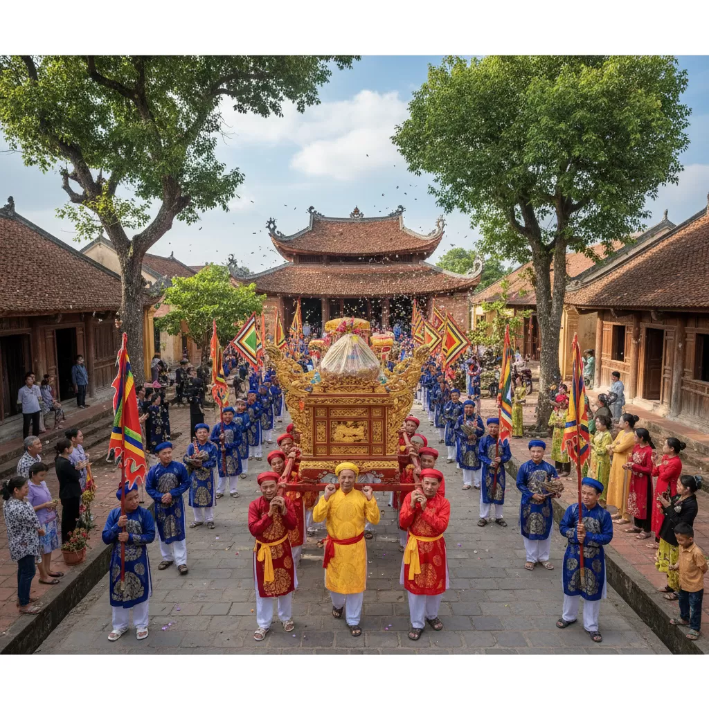 Không khí trang nghiêm và náo nhiệt trong ngày lễ hội tại Đình Văn Hương