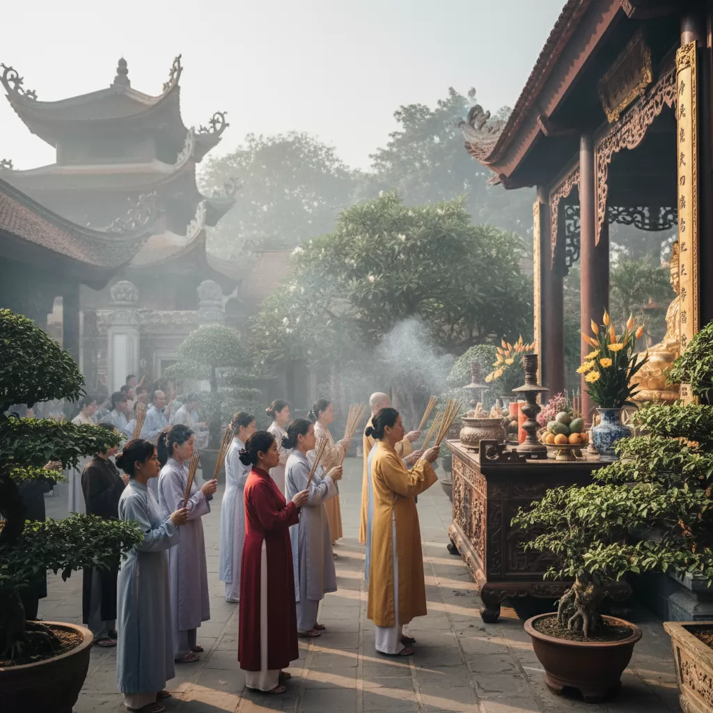 Du khách thành tâm dâng hương chiêm bái tại Đình Chùa Linh Quang
