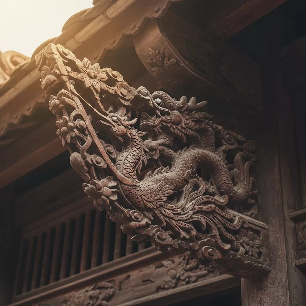 Những đường nét chạm khắc gỗ tinh xảo trên các bộ vì kèo tại Đình Thái Kiều