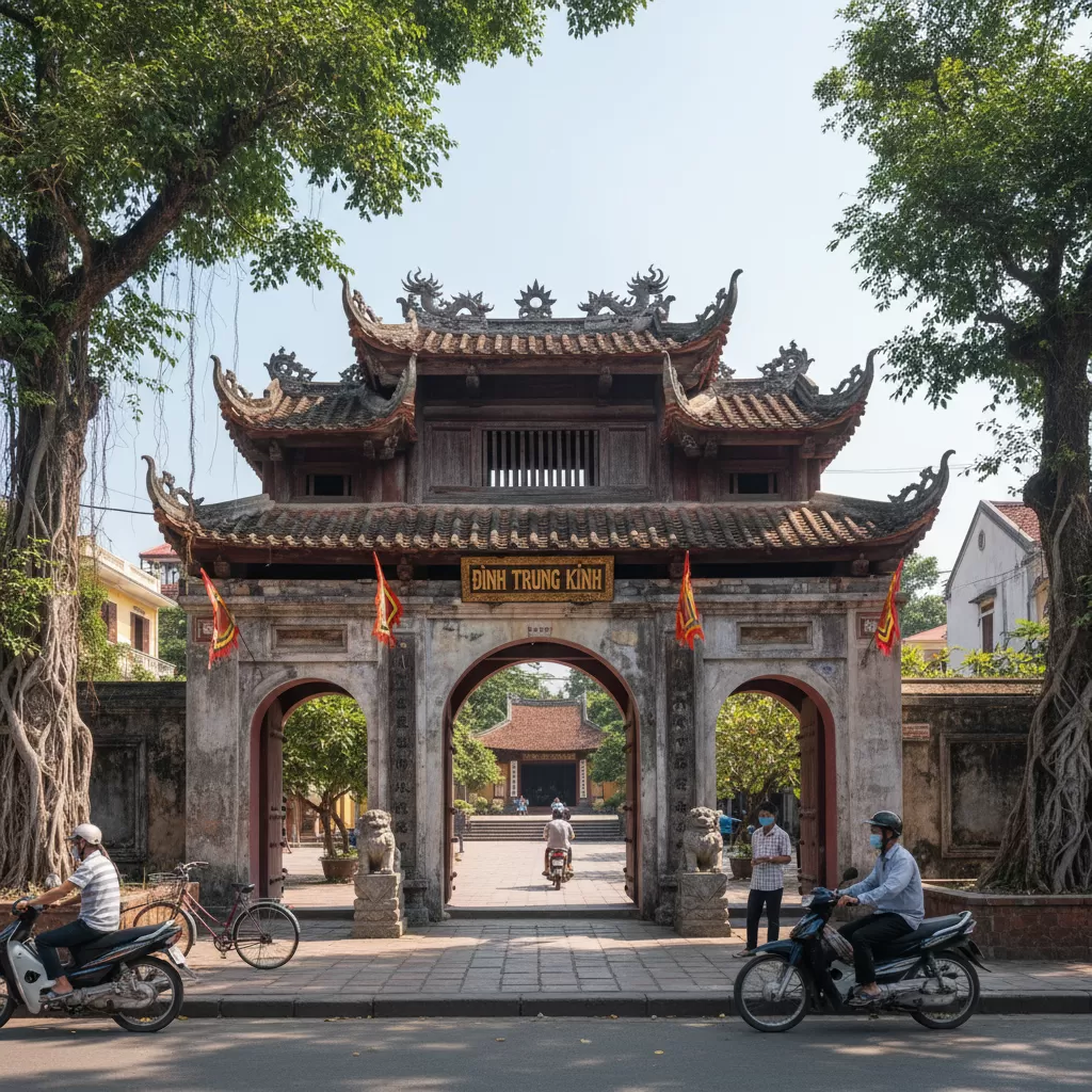 Cổng tam quan của Đình Trung Kính với kiến trúc truyền thống đặc trưng