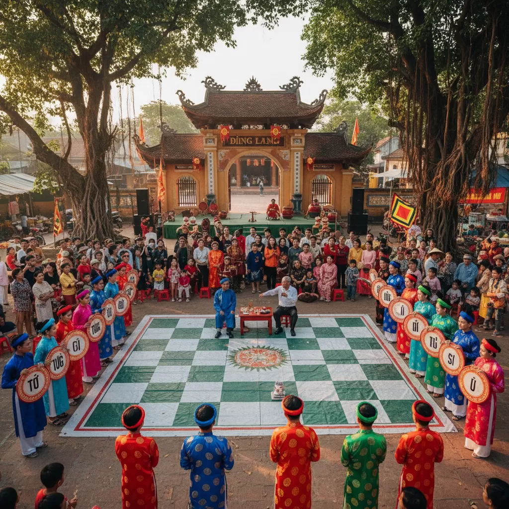 Trò chơi cờ người thu hút đông đảo khán giả theo dõi tại Lễ hội Đình Thịnh Quang