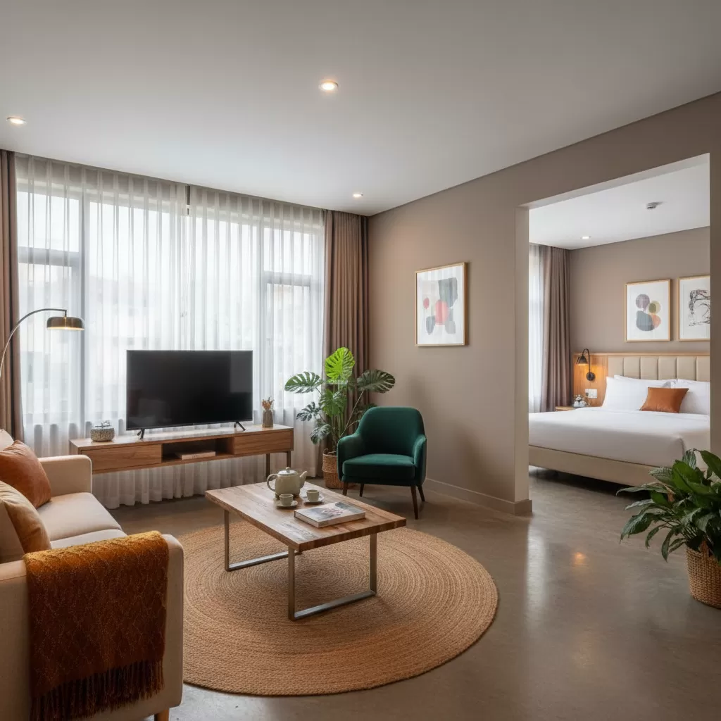 gemini_image_1773197631-1 Không gian phòng nghỉ hiện đại và tiện nghi tại các khách sạn tầm trung