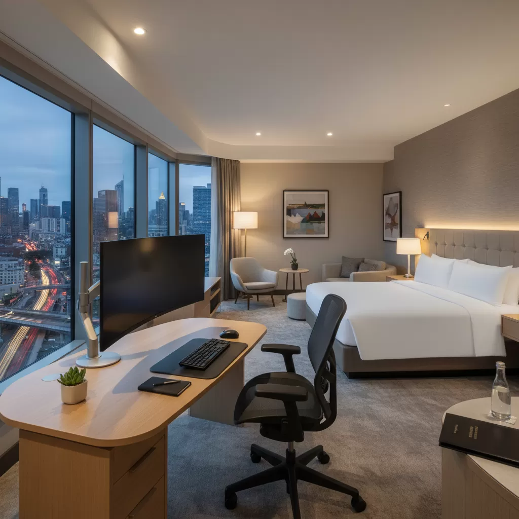 gemini_image_1773199445 Không gian làm việc tiện nghi bên trong phòng khách sạn dành cho doanh nhân
