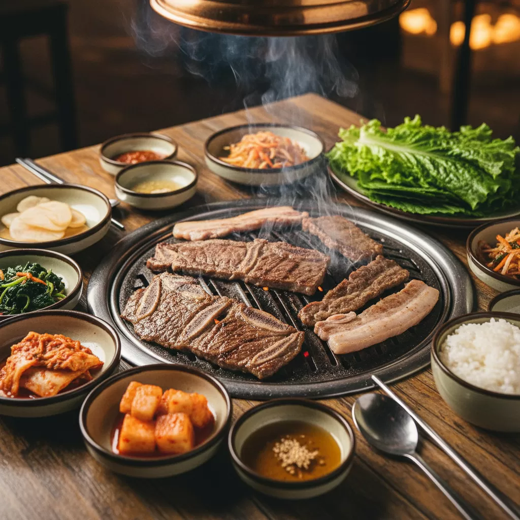 Bàn tiệc lẩu nướng Hàn Quốc đầy đủ các món panchan hấp dẫn