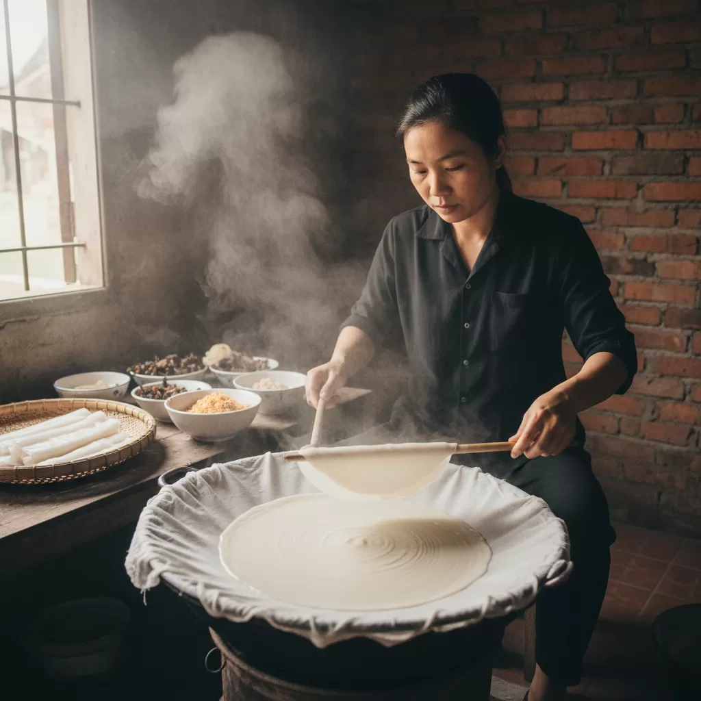 Kỹ thuật tráng bánh thủ công tạo nên độ mỏng mịn đặc trưng