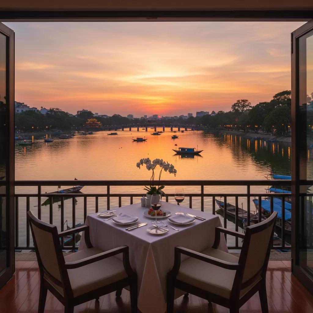 Khoảnh khắc hoàng hôn tuyệt đẹp nhìn từ ban công nhà hàng view hồ