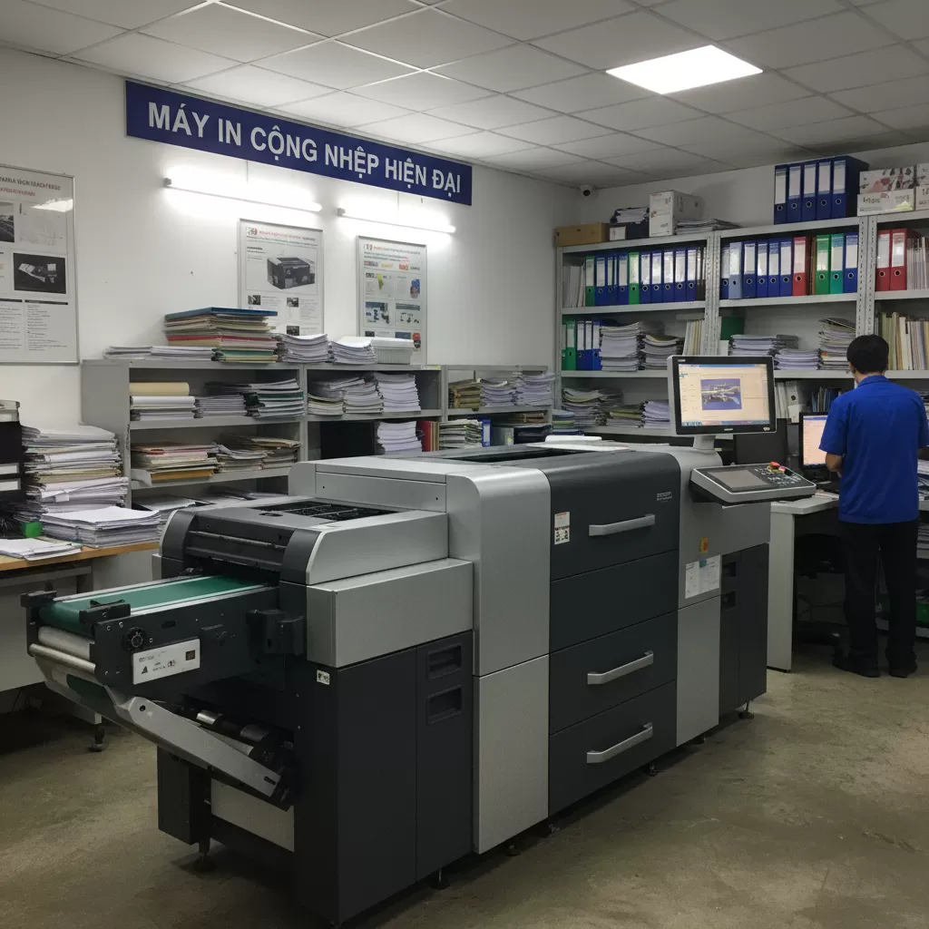 gemini_image_1773224911 Hệ thống máy in hiện đại giúp đảm bảo chất lượng bản in sắc nét và tốc độ xử lý nhanh