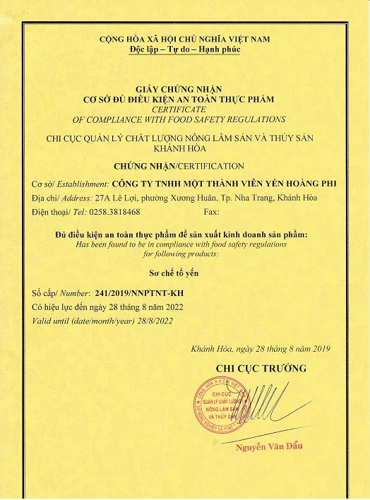 Các chứng nhận pháp lý là bảo chứng cho chất lượng yến sào